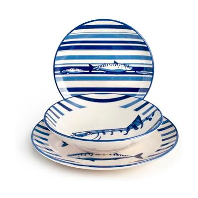 H&H Puerto 18-delig tafelservies van aardewerk, blauw en blauw versierd met vismotief, vaatwasmachinebestendig, perfect voor zomer, huizen aan zee en diners op H&H Puerto 18-delig tafelservies van aardewerk, blauw en blauw versierd met vismotief, vaatwasmachinebestendig, perfect voor zomer, huizen aan zee en diners op