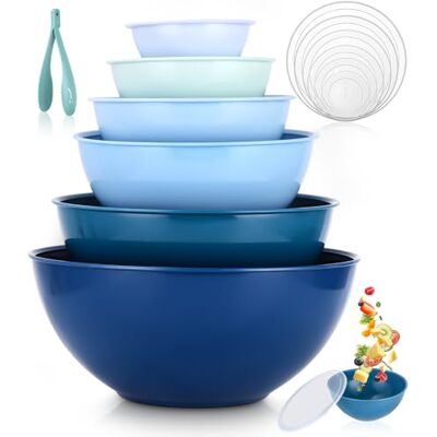 Syvory Set van 6 slakommen met deksel, herbruikbare mengkommen, stapelbaar, 0,2-6,5 l, kunststof, voor mengen en serveren, BPA-vrij Syvory Set van 6 slakommen met deksel, herbruikbare mengkommen, stapelbaar, 0,2-6,5 l, kunststof, voor mengen en serveren, BPA-vrij