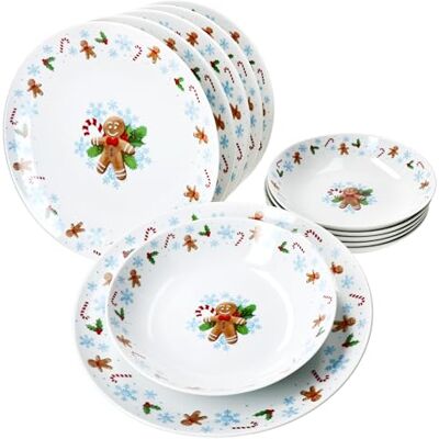 MamboCat Candyman 12-delig tafelservies, porseleinen servies voor 6 personen, met lichtblauwe kerstdecoratie, 6 soepborden en 6 platte borden MamboCat Candyman 12-delig tafelservies, porseleinen servies voor 6 personen, met lichtblauwe kerstdecoratie, 6 soepborden en 6 platte borden