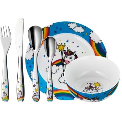 WMF Eenhoorn kinderservies 6-delig, kinderservies met kinderbestek roestvrij staal, 3-9 jaar, Cromargan gepolijst, vaatwasmachinebestendig WMF Eenhoorn kinderservies 6-delig, kinderservies met kinderbestek roestvrij staal, 3-9 jaar, Cromargan gepolijst, vaatwasmachinebestendig