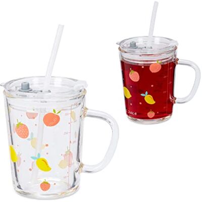 Relaxdays Kinderglas in set van 2, fruitmotief, met handvat, deksel en rietje, 400 ml schaalverdeling, transparant Relaxdays Kinderglas in set van 2, fruitmotief, met handvat, deksel en rietje, 400 ml schaalverdeling, transparant