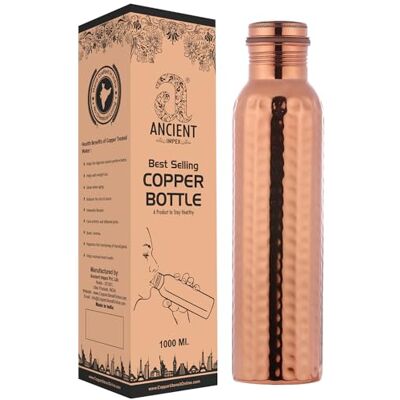 ANCIENTIMPEX 1000 ml gehamerd puur koperen waterfles Naadloze waterdichte waterfles voor Ayurvedische voordelen ANCIENTIMPEX 1000 ml gehamerd puur koperen waterfles Naadloze waterdichte waterfles voor Ayurvedische voordelen