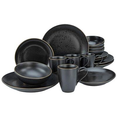 Creatable , 22699 Serie Industrial Gold Black 16-delig tafelservies voor 4 personen van aardewerk, vaatwasser- en magnetronbestendig, hoogwaardige afwerking Creatable , 22699 Serie Industrial Gold Black 16-delig tafelservies voor 4 personen van aardewerk, vaatwasser- en magnetronbestendig, hoogwaardige afwerking