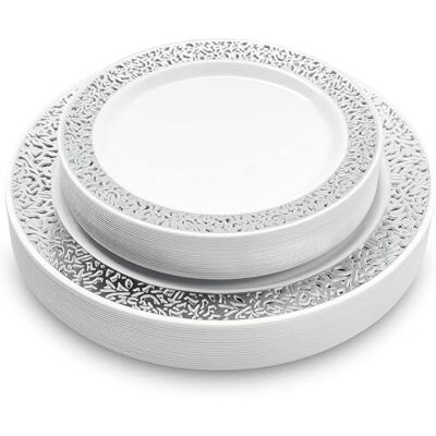 MATANA 40 Premium Witte Plastic Borden met Zilveren Rand voor Bruiloften, Verjaardagen, Doopfeesten, Kerstmis en Feesten (2 Maten: 20 x26 cm, 20 x19 cm) Stevig, Stijve en Herbruikbaar MATANA 40 Premium Witte Plastic Borden met Zilveren Rand voor Bruiloften, Verjaardagen, Doopfeesten, Kerstmis en Feesten (2 Maten: 20 x26 cm, 20 x19 cm) Stevig, Stijve en Herbruikbaar
