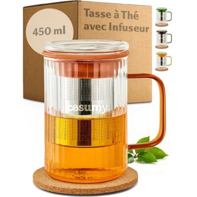 Cosumy Theemok met theezeef en deksel, 450 ml, theemok van borosilicaatglas met onderzetter van kurk en gekleurde handgrepen Cosumy Theemok met theezeef en deksel, 450 ml, theemok van borosilicaatglas met onderzetter van kurk en gekleurde handgrepen