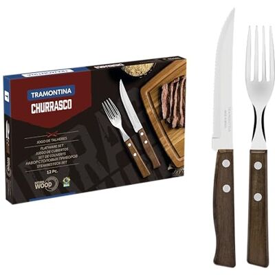 Tramontina 22299/002 12-delige steakbestekset met 2 klinknagels van natuurlijk hout Tramontina 22299/002 12-delige steakbestekset met 2 klinknagels van natuurlijk hout