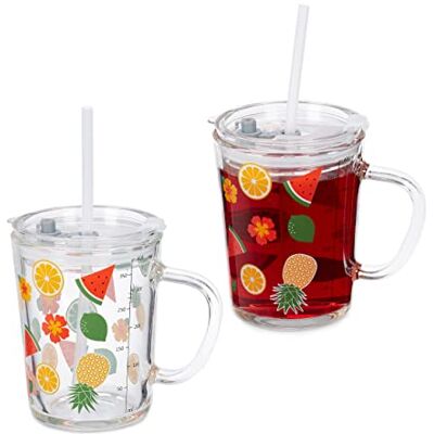 Relaxdays Kinderglas in set van 2 fruitmotieven met handvat, deksel en rietje, 400 ml maatverdeling, transparant Relaxdays Kinderglas in set van 2 fruitmotieven met handvat, deksel en rietje, 400 ml maatverdeling, transparant