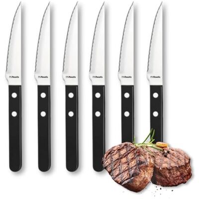 Amefa Pizza 7000 Steakbestek, 6 steakmessen, scherpe messen voor 6 personen, lemmet van 13/0 staal, zwart geklonken kunststof handgrepen, voor biefstuk, vlees en pizza Amefa Pizza 7000 Steakbestek, 6 steakmessen, scherpe messen voor 6 personen, lemmet van 13/0 staal, zwart geklonken kunststof handgrepen, voor biefstuk, vlees en pizza