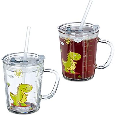 Relaxdays Drinkglas kinderen, set van 2, dino-motief, kinderglas met handvat, deksel en rietje, 400 ml schaal, transparant Relaxdays Drinkglas kinderen, set van 2, dino-motief, kinderglas met handvat, deksel en rietje, 400 ml schaal, transparant