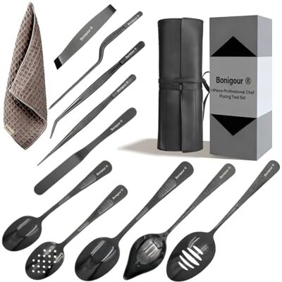 Bonigour Culinaire fineer gereedschapsset Professionele set van 11-delig kookgerei Keukengerei Moderne keuken Roestvrij staal Zwart Bonigour Culinaire fineer gereedschapsset Professionele set van 11-delig kookgerei Keukengerei Moderne keuken Roestvrij staal Zwart