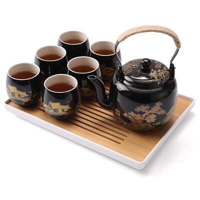 DUJUST Japanse theeset, zwarte porseleinen theeset met 1 theepotset, 6 theekopjes, 1 theeblad, 1 roestvrijstalen zetgroep, mooie Aziatische theeset voor volwassenen (platteland in goudkleurig) DUJUST Japanse theeset, zwarte porseleinen theeset met 1 theepotset, 6 theekopjes, 1 theeblad, 1 roestvrijstalen zetgroep, mooie Aziatische theeset voor volwassenen (platteland in goudkleurig)