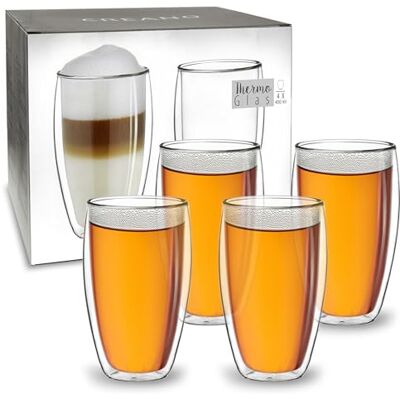 Creano dubbelwandig thermoglas 400 ml “DG-SH”, groot dubbelwandig glas van borosilicaatglas, dubbelwandige koffieglazen, theeglazen, latteglazen, set van 4 stuks Creano dubbelwandig thermoglas 400 ml “DG-SH”, groot dubbelwandig glas van borosilicaatglas, dubbelwandige koffieglazen, theeglazen, latteglazen, set van 4 stuks