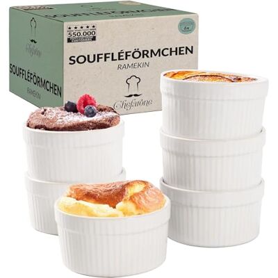 Chefarone ® Ovenbestendige soufflé-pannen Keramische crème brûlée schalen voor bakken en presenteren Vlamvertragende kom van 200 ml 6-delige set wit (9 x 4,5 cm) Chefarone ® Ovenbestendige soufflé-pannen Keramische crème brûlée schalen voor bakken en presenteren Vlamvertragende kom van 200 ml 6-delige set wit (9 x 4,5 cm)