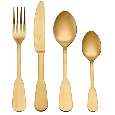 Mikasa Soho Gold 16-delige roestvrijstalen bestekset, gouden bestekset voor 4 personen, bestaande uit 4 messen, 4 vorken, 4 dessertlepels en 4 theelepels Mikasa Soho Gold 16-delige roestvrijstalen bestekset, gouden bestekset voor 4 personen, bestaande uit 4 messen, 4 vorken, 4 dessertlepels en 4 theelepels