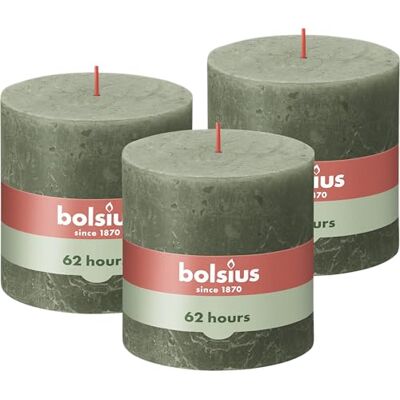 BOLSIUS Set van 3 rustieke stompkaarsen, donkergroen, 10 x 10 cm BOLSIUS Set van 3 rustieke stompkaarsen, donkergroen, 10 x 10 cm