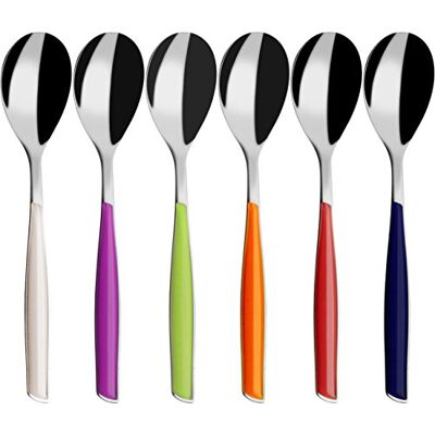 BUGATTI , Glamour, Set van 6 koffielepels van roestvrij staal 18/10 en handgrepen in gemengde kleuren: ivoor, blauw, iris, groen, oranje, rood, Pro-Tech System BUGATTI , Glamour, Set van 6 koffielepels van roestvrij staal 18/10 en handgrepen in gemengde kleuren: ivoor, blauw, iris, groen, oranje, rood, Pro-Tech System