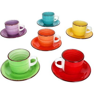 MamboCat Set van 6 effen kleurrijke cappuccinokopjes met schoteltjes, 200 ml, grote kleurrijke kopjes + schoteltjes van aardewerk voor 6 personen, swirl-decor MamboCat Set van 6 effen kleurrijke cappuccinokopjes met schoteltjes, 200 ml, grote kleurrijke kopjes + schoteltjes van aardewerk voor 6 personen, swirl-decor