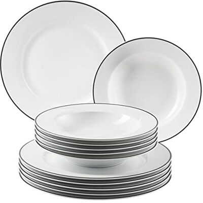 MÄSER , Serie Nola Modern tafelservies voor 6 personen Wit met zwarte rand 12-delig met dinerborden en soepborden Rond servies Wit MÄSER , Serie Nola Modern tafelservies voor 6 personen Wit met zwarte rand 12-delig met dinerborden en soepborden Rond servies Wit