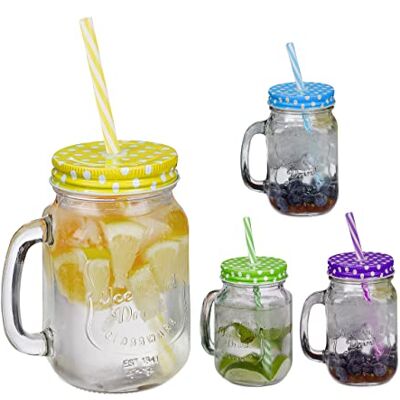 Relaxdays Glazen met rietje en deksel, set van 4, inhoud 500 ml, retro design, glas met handvat, meerkleurig Relaxdays Glazen met rietje en deksel, set van 4, inhoud 500 ml, retro design, glas met handvat, meerkleurig