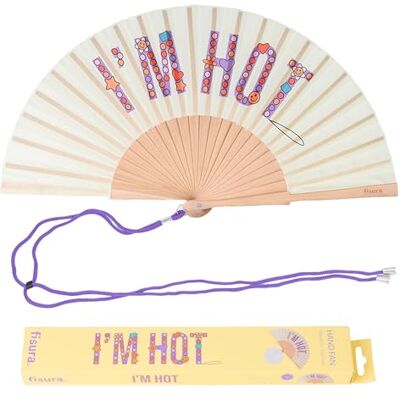 Fisura Originele houten waaier met boodschap 'I'm hot', modern en kleurrijk accessoire, beige zakventilator met lus, afmetingen: 42,5 x 23 cm Fisura Originele houten waaier met boodschap 'I'm hot', modern en kleurrijk accessoire, beige zakventilator met lus, afmetingen: 42,5 x 23 cm