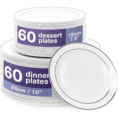 MATANA 120 Premium Witte Plastic Borden met Zilveren Rand voor Bruiloften, Verjaardagen, Doopfeesten, Kerstmis en Feesten (2 Maten: 60 x26 cm, 60 x19 cm) Stevig, Stijve en Herbruikbaar MATANA 120 Premium Witte Plastic Borden met Zilveren Rand voor Bruiloften, Verjaardagen, Doopfeesten, Kerstmis en Feesten (2 Maten: 60 x26 cm, 60 x19 cm) Stevig, Stijve en Herbruikbaar