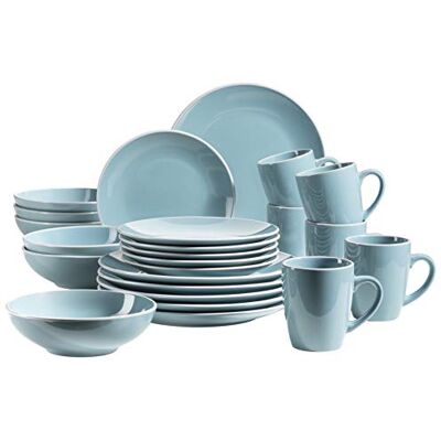 MÄSER 931770 Serie Elissa Moderne serviesset voor 6 personen in turquoise met witte rand, 24-delig van aardewerk MÄSER 931770 Serie Elissa Moderne serviesset voor 6 personen in turquoise met witte rand, 24-delig van aardewerk
