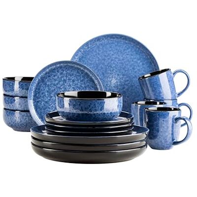 MÄSER 934109 Serie Filippa Keramisch tafelservies voor 4 personen, modern 16-delig combiservies; borden, kommen en bekers met reactieve lak in blauw en zwart, aardewerk, MÄSER 934109 Serie Filippa Keramisch tafelservies voor 4 personen, modern 16-delig combiservies; borden, kommen en bekers met reactieve lak in blauw en zwart, aardewerk,
