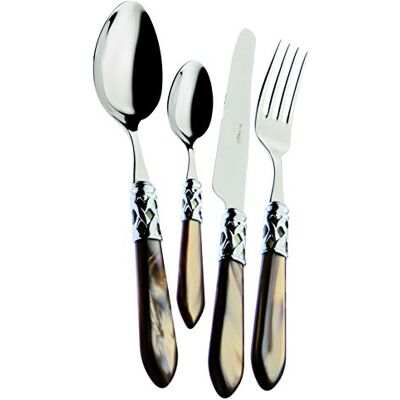 BUGATTI , Aladdin, 24-delige bestekset van roestvrij staal 18/10, chromen ring en ONYX gekleurd handvat met parelmoer effect. Set 6 personen: 6 lepels, 6 vorken, 6 messen en 6 lepels BUGATTI , Aladdin, 24-delige bestekset van roestvrij staal 18/10, chromen ring en ONYX gekleurd handvat met parelmoer effect. Set 6 personen: 6 lepels, 6 vorken, 6 messen en 6 lepels