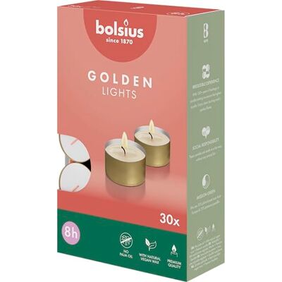 BOLSIUS Theelichtkaarsen met gouden mok 30 stuks 8 uur brandduur Decoratieve kaarsen voor huishouden Geurvrij Bevat natuurlijke plantaardige was Zonder palmolie BOLSIUS Theelichtkaarsen met gouden mok 30 stuks 8 uur brandduur Decoratieve kaarsen voor huishouden Geurvrij Bevat natuurlijke plantaardige was Zonder palmolie