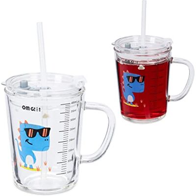 Relaxdays Kinderglas in set van 2, dinosaurus, met handvat, deksel en rietje, 400 ml schaal, transparant Relaxdays Kinderglas in set van 2, dinosaurus, met handvat, deksel en rietje, 400 ml schaal, transparant