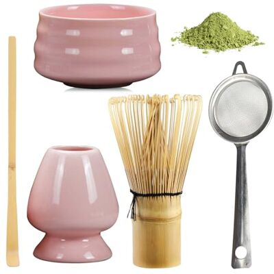 BAIFULAI Matcha theeset, 5-delig, Japanse set, garde en kom van keramiek, gardehouder, accessoires voor matcha-ceremonie (roze) BAIFULAI Matcha theeset, 5-delig, Japanse set, garde en kom van keramiek, gardehouder, accessoires voor matcha-ceremonie (roze)