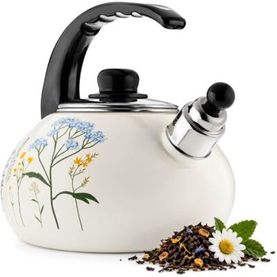 KADAX Waterkoker van roestvrij staal, fluit van 2,2 l, voor inductie en gasfornuis, emaille thee, retro met fluitje (bladeren) KADAX Waterkoker van roestvrij staal, fluit van 2,2 l, voor inductie en gasfornuis, emaille thee, retro met fluitje (bladeren)
