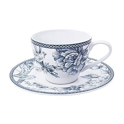 H&H Kensington Set van 4 theekopjes van porselein, 240 cc, blauw en wit, met schotel, Engelse stijl H&H Kensington Set van 4 theekopjes van porselein, 240 cc, blauw en wit, met schotel, Engelse stijl