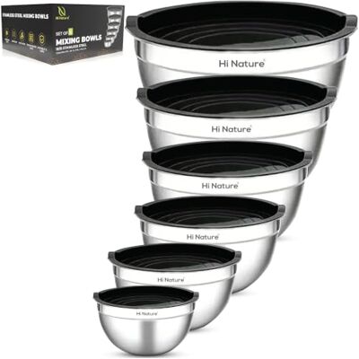 Hi Nature ™ Set van 6 mengkommen met roestvrijstalen deksel, antislip en stapelbaar, vaatwasmachinebestendig, kommen van 1,4 l/1,9 l/2,4 l/3,2 l/5 l/6,5 l Hi Nature ™ Set van 6 mengkommen met roestvrijstalen deksel, antislip en stapelbaar, vaatwasmachinebestendig, kommen van 1,4 l/1,9 l/2,4 l/3,2 l/5 l/6,5 l