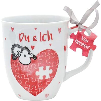 Sheepworld 45321 Koffiemok met spreuk Du und Ich, met cadeauhanger, 40 cl, porselein, rood, wit Sheepworld 45321 Koffiemok met spreuk Du und Ich, met cadeauhanger, 40 cl, porselein, rood, wit