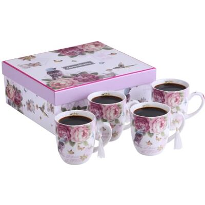 London Boutique Set van 4 fijne porseleinen mokken Shabby Chic Vintage Retro In geschenkdoos 330 ml (roze vogel vlinder) London Boutique Set van 4 fijne porseleinen mokken Shabby Chic Vintage Retro In geschenkdoos 330 ml (roze vogel vlinder)
