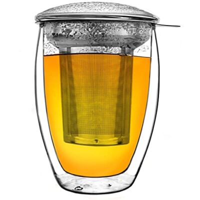 Creano Dubbelwandig theeglas met roestvrijstalen filter en glazen deksel, 400 ml Creano Dubbelwandig theeglas met roestvrijstalen filter en glazen deksel, 400 ml