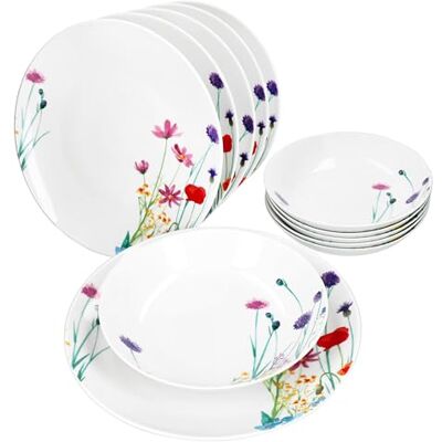 MamboCat Marie 12-delig tafelservies, porseleinen servies met bloemenweidedecoratie voor 6 personen, 6 soepborden en 6 platte borden voor ontbijt, lunch en diner MamboCat Marie 12-delig tafelservies, porseleinen servies met bloemenweidedecoratie voor 6 personen, 6 soepborden en 6 platte borden voor ontbijt, lunch en diner