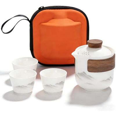 BAIFULAI Gongfu Chinese theeset: draagbare keramische theeset met 1 theepot (200 ml) en 3 kopjes (45 ml), porseleinen theeservies met reistas voor picknick, reizen BAIFULAI Gongfu Chinese theeset: draagbare keramische theeset met 1 theepot (200 ml) en 3 kopjes (45 ml), porseleinen theeservies met reistas voor picknick, reizen