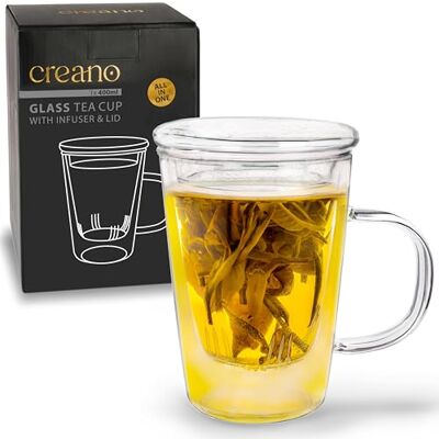 Creano Alles-in-één theeglas 400 ml met glazen filter en deksel, luxe dunne mok van borosilicaatglas met handvat, exclusief kantoor- of verjaardagscadeau, unieke mok Creano Alles-in-één theeglas 400 ml met glazen filter en deksel, luxe dunne mok van borosilicaatglas met handvat, exclusief kantoor- of verjaardagscadeau, unieke mok
