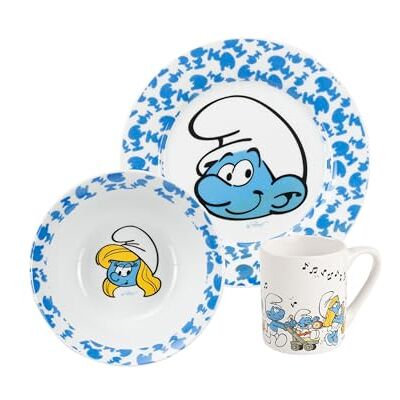 United Les Smurfs Ontbijtset voor kinderen 3-delige serviesset borden, kom en mok van blauw porselein United Les Smurfs Ontbijtset voor kinderen 3-delige serviesset borden, kom en mok van blauw porselein