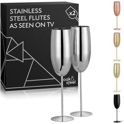 OS Oak & Steel ENGLAND Oak & Steel Champagneglazen van zilverkleurig roestvrij staal (280 ml), onbreekbare champagneglazen en prosecco-glazen met koud effect, met geschenkdoos, elegante champagneglazen, 2 stuks OS Oak & Steel ENGLAND Oak & Steel Champagneglazen van zilverkleurig roestvrij staal (280 ml), onbreekbare champagneglazen en prosecco-glazen met koud effect, met geschenkdoos, elegante champagneglazen, 2 stuks