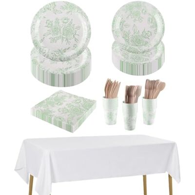 CEILIWEN 212-delig salie groen bloemenservies set voor feestjes papieren servies set voor 30 gasten bestaande uit borden, kopjes, servetten, bestek en tafelkleden voor een CEILIWEN 212-delig salie groen bloemenservies set voor feestjes papieren servies set voor 30 gasten bestaande uit borden, kopjes, servetten, bestek en tafelkleden voor een