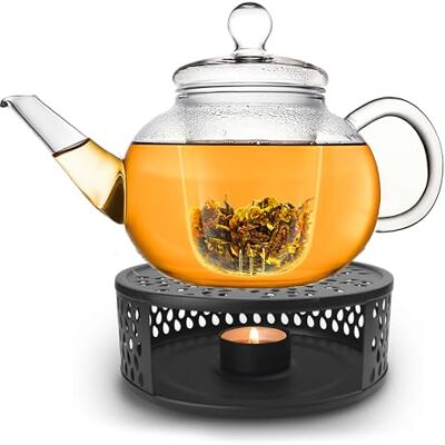 Creano Theepot van glas, 1,2 l, met zwart fornuis van roestvrij staal, zeef en deksel, ideaal voor losse thee, 100% druppelvrij Creano Theepot van glas, 1,2 l, met zwart fornuis van roestvrij staal, zeef en deksel, ideaal voor losse thee, 100% druppelvrij