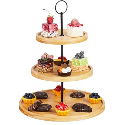 Relaxdays , Bamboe display met 3 verdiepingen voor taarten, snacks, fruit, metalen handvat, H x D: 36 x 28 cm, naturel/zwart Relaxdays , Bamboe display met 3 verdiepingen voor taarten, snacks, fruit, metalen handvat, H x D: 36 x 28 cm, naturel/zwart