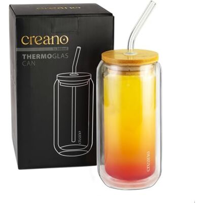 Creano Dubbelwandig glas met bamboe deksel en rietje, 360 ml, smoothiebekers, bubbelthee, cocktailglas Creano Dubbelwandig glas met bamboe deksel en rietje, 360 ml, smoothiebekers, bubbelthee, cocktailglas