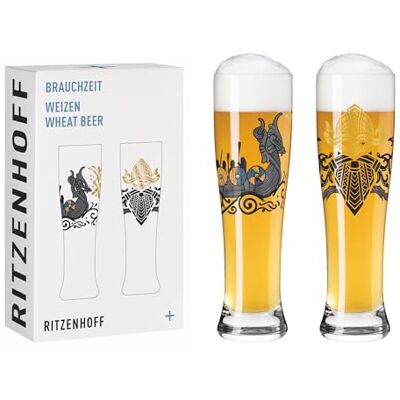 RITZENHOFF 3481010 set van 2 tarwebierglazen 500 ml Brauchzeit serie motief runen, goud en zwart, Made in Germany RITZENHOFF 3481010 set van 2 tarwebierglazen 500 ml Brauchzeit serie motief runen, goud en zwart, Made in Germany