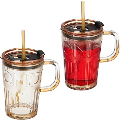 Relaxdays Set van 2 drinkglazen met deksel en rietje, 450 ml, lichtbruin Relaxdays Set van 2 drinkglazen met deksel en rietje, 450 ml, lichtbruin