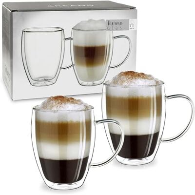 Creano Theeglas, koffieglas, dubbelwandig, thermisch glas, met handvat, groot, van borosilicaatglas, 2 x 400 ml Creano Theeglas, koffieglas, dubbelwandig, thermisch glas, met handvat, groot, van borosilicaatglas, 2 x 400 ml