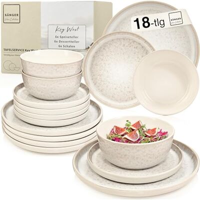 Sänger Key West Value Collection Aardewerk servies, 18-delig servies voor 6 personen, 6 platte borden, 6 mueslikommen, 6 dessertborden, crèmekleurig tafelservies met korrelgrootte Sänger Key West Value Collection Aardewerk servies, 18-delig servies voor 6 personen, 6 platte borden, 6 mueslikommen, 6 dessertborden, crèmekleurig tafelservies met korrelgrootte